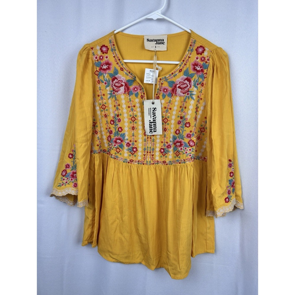 Savanna Jane S Floral Embroidered Peasant Top Golden Yellow Flare 3/4 Sleeve NWT